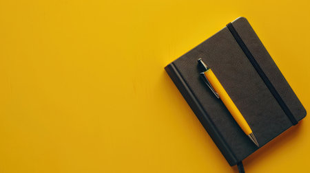 Top view of black notebook and pen on yellow background with copy spaceの素材