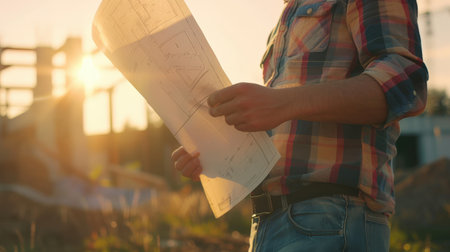 Close-up of a construction worker holding a blueprint in his handsの素材