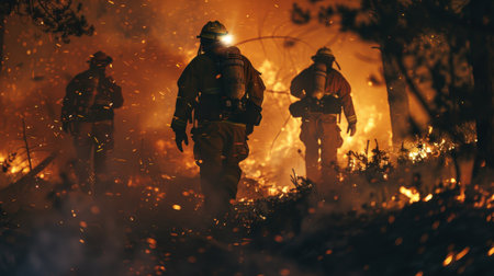 Firefighters extinguish a fire in the forest. Firefighters extinguish a fire.の素材