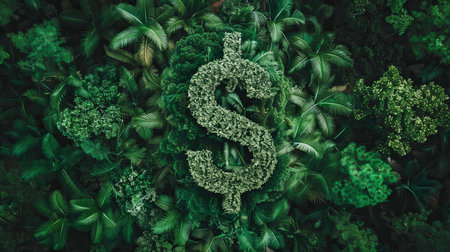 Dollar sign surrounded by green leaves. 3D rendering illustration.の素材
