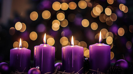 Purple candles and Christmas ornaments with bokeh backgroundの素材