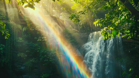 Beautiful waterfall in the rainforest at sunset with rainbow effect.の素材