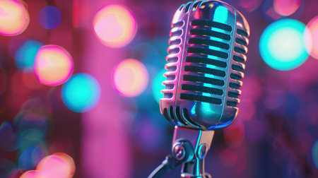 Retro microphone on a colorful background with bokeh effect.の素材