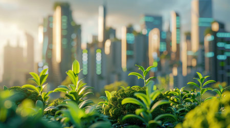 Green plant in the garden with cityscape background, business concept.の素材