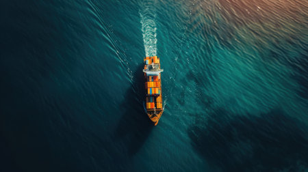 Aerial view of cargo ship sailing in the sea at sunset.の素材