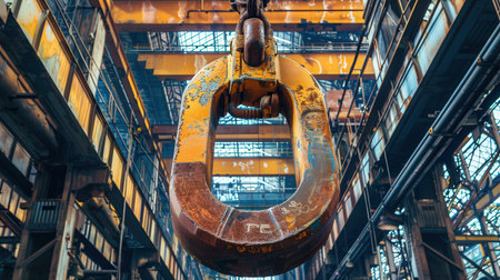 Huge industrial crane hook in an industrial building. Industrial background.の素材