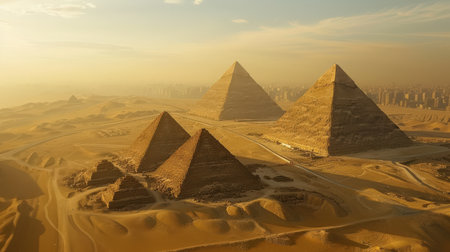 The pyramids of Giza in Egypt at sunset. 3d renderingの素材