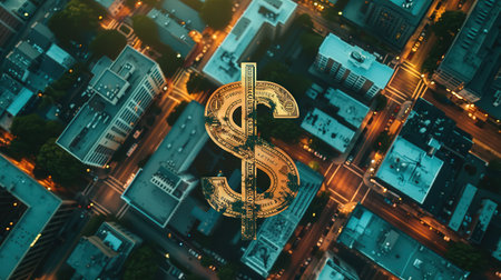 Dollar sign on the background of the city. 3D rendering.の素材