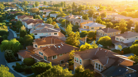 Aerial view of residential area in city at sunset. Rooftop view of small town with red roofs.の素材