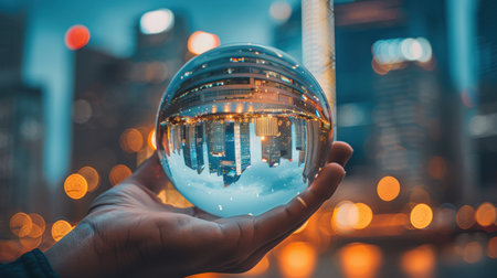 Hand holding a crystal ball with a cityscape in the background.の素材