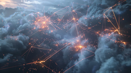 Abstract network connection on dark cloudy sky background. 3D Renderingの素材