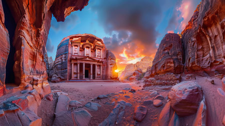 Ruins of the ancient city of Petra in Jordan at sunset.の素材