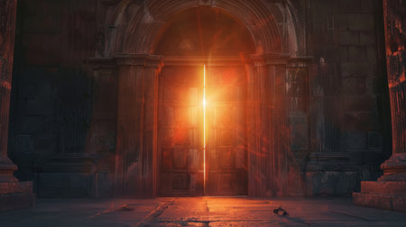Mysterious door of the old church at sunset. Halloween conceptの素材