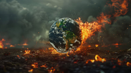 Earth burning in flames. Global warming concept. 3D rendering.の素材