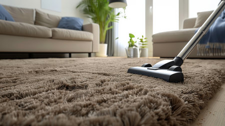 Vacuum cleaner cleaning carpet in living room, 3d renderingの素材