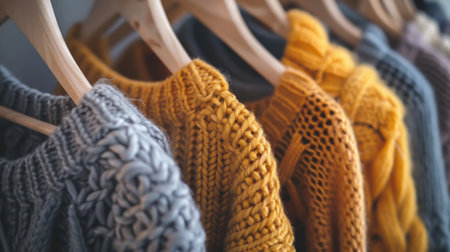 Knitted sweaters on hangers in wardrobe, closeup viewの素材