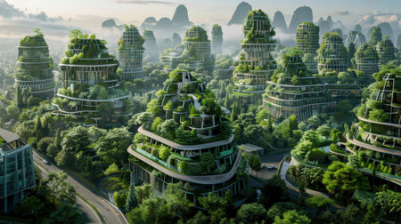 Aerial view of a green city in the morning. 3D renderの素材