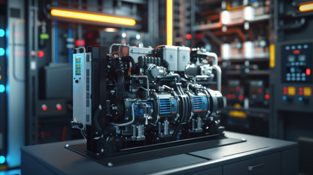 3D rendering of a powerful electric generator in a modern factory.の素材