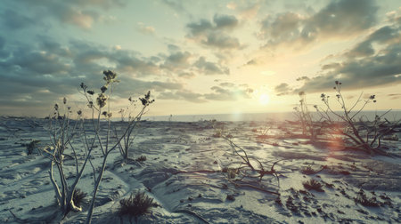 Sunset over the beach in the desert. 3d rendering.の素材