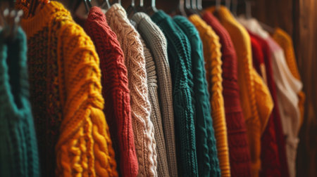 Colorful knitted sweaters hanging on a rack in a shopの素材