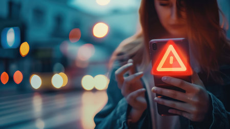 Woman using mobile phone in the city at night with traffic light backgroundの素材