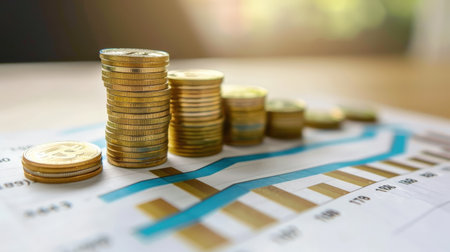 Coins stacked on each other on the background of financial charts.の素材