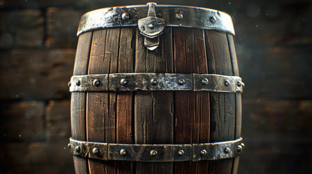 Wooden barrel with rivets on a dark background. Vintage style.の素材