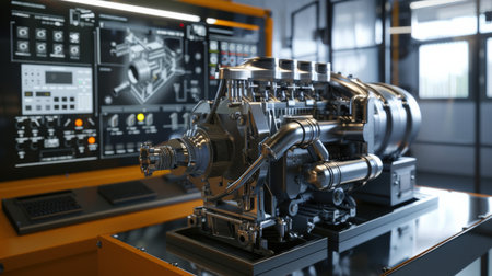 3d rendering of an industrial engine in a factory. Automotive industryの素材