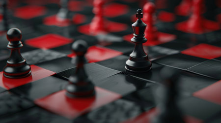 Black and red chess pieces on a chessboard. 3d renderingの素材
