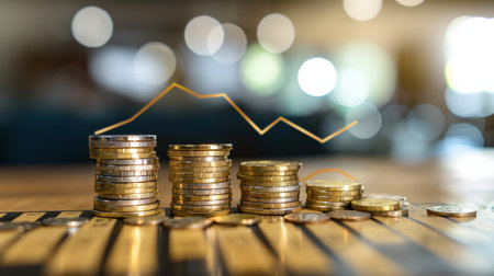 Coins stack on wood table with bokeh light background, business growth conceptの素材
