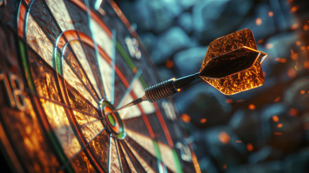 Darts arrows hitting the center of dartboard, 3d illustrationの素材