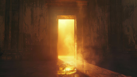Mysterious door with light coming through it. 3D renderingの素材