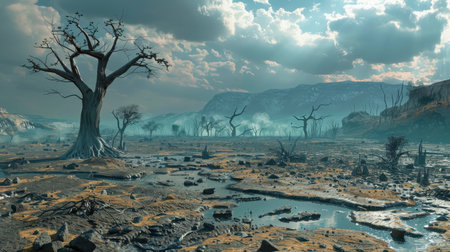 Fantasy alien planet. Mountain and river. 3D illustration.の素材