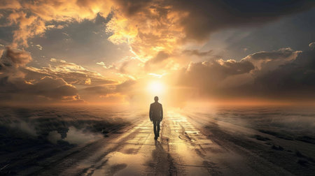 Man walking on the road in the clouds. 3D rendering.の素材