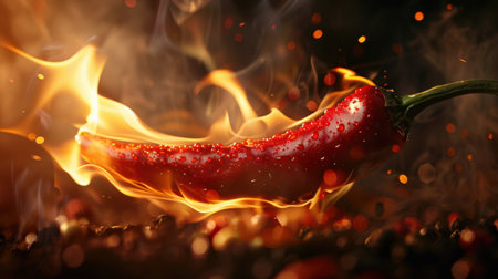 Hot red chili pepper on fire with flames and sparks close-upの素材