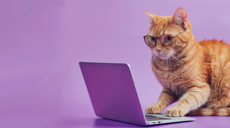 Ginger cat with glasses and a laptop on a purple background.の素材