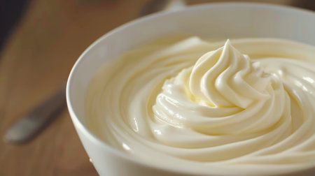 Creamy whipped cream in a white bowl with a spoon.の素材