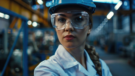 Portrait of a female factory worker wearing safety glasses and looking at cameraの素材