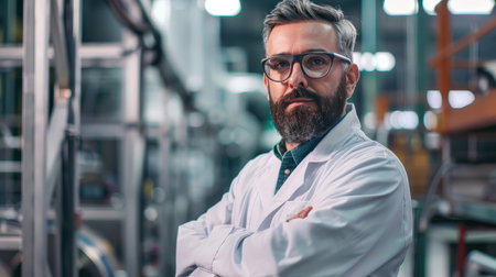 Portrait of a bearded man in a white coat and glasses standing in a factory.の素材