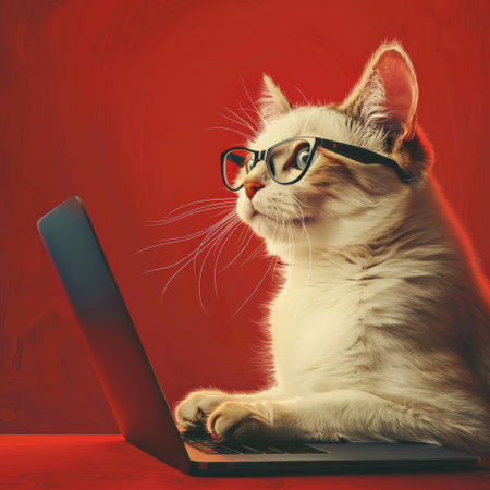 Cute cat with eyeglasses and laptop computer on red backgroundの素材