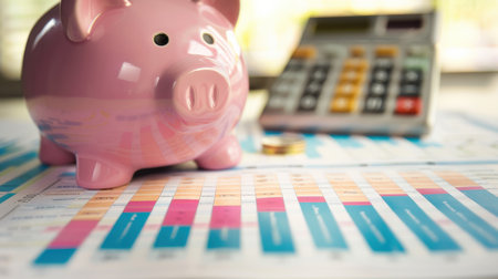 Piggy bank with calculator and coins on financial chart background.の素材
