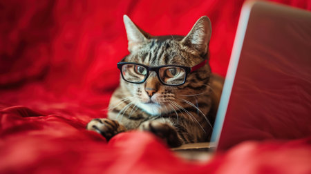 Cute bengal cat in eyeglasses and laptop on red backgroundの素材