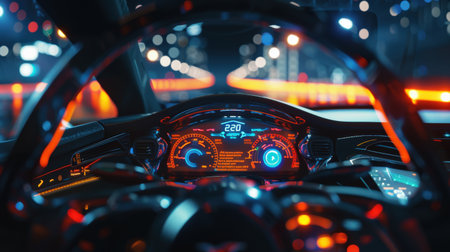 Modern car interior with speedometer and dashboard. Night city lights.の素材