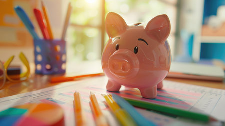piggy bank with colorful pencils on desk in office.の素材