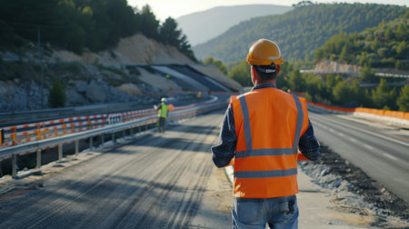 Engineer in helmet and reflective vest standing on road construction site.の素材