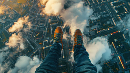 Selfie of man's legs in sneakers on the background of the city.の素材