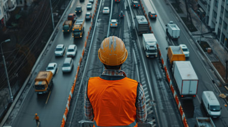 Rear view of a construction worker standing in front of the busy roadの素材