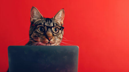 Cute cat with glasses and laptop on red background, close upの素材