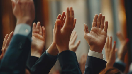 Group of business people clapping hands in conference hall, closeupの素材
