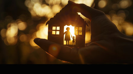 Hand holding a miniature house and a silhouette of a happy family.の素材